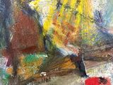 an oil painting of a woman in a yellow dress holding a red umbrella