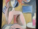 un tableau représentant une femme assise à une table avec une bouteille de vin
