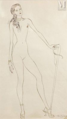 drawing of a woman with a cane in her hand