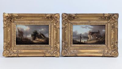 paire de tableaux du XIXe siècle, à l'huile sur toile, représentant une scène de vie à la ferme