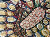 painting of a peacock with gold feathers on a red background