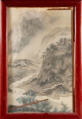 an old picture of a mountain landscape with a river in the foreground