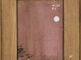 a painting of a wooden frame with a red background and a white button