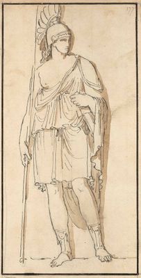 a drawing of a man with a staff and a sword