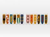 a row of flags with different colors on them on a white background