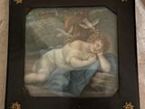 framed picture of a young girl with a bird on her shoulder
