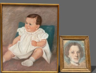 painting of a baby in a white dress sitting next to a portrait of a woman