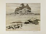 a drawing of a mountain with sheep in the foreground