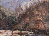 une image représentant un tableau d'une rivière dans un paysage enneigé