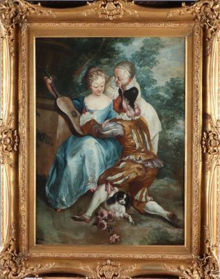 an oil painting of two women and a dog in a wooded setting