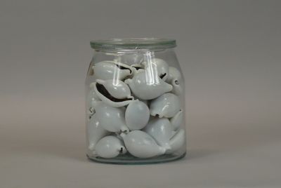 a glass jar filled with lots of small white elephants