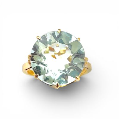 Bague en or jaune (750) orné d'une aigue-marine circulaire e… - Photo 1