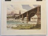 une peinture représentant un pont au-dessus d'une rivière, avec un bâtiment en arrière-plan