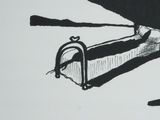 a black and white drawing of a man holding a bat