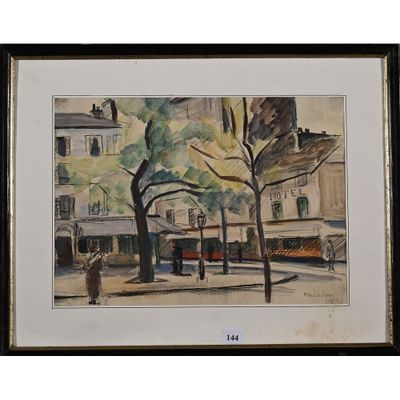 aquarelle encadrée représentant une scène de rue avec un bus et des passants