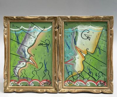 deux tableaux encadrés représentant des oiseaux et un oiseau sur fond vert