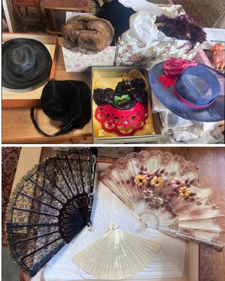 two pictures of a table with hats, a fan, and a cat