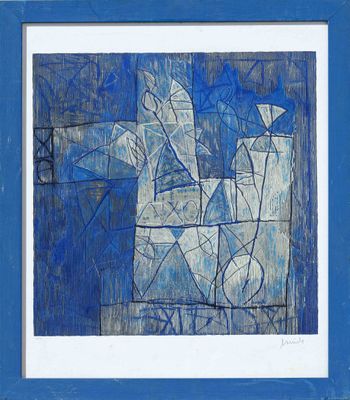peinture abstraite bleue et blanche représentant un oiseau, dans un cadre bleu