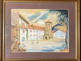 aquarelle encadrée représentant une scène de village avec une église et des personnages