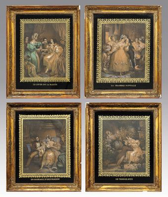 une série de quatre peintures à l'huile représentant des femmes et des hommes
