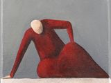 an oil painting of a woman in a red dress sitting on a ledge