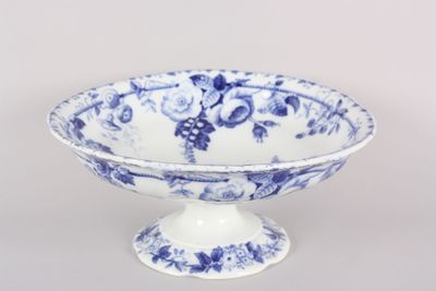 a blue and white bowl on a pedestal on a table