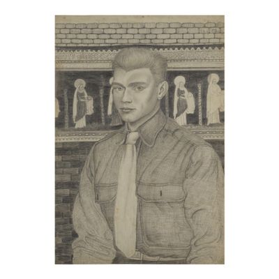 pencil drawing of a man in a shirt and tie standing in front of a brick wall