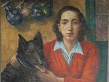 tableau représentant une femme et un chien dans une pièce