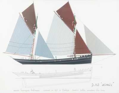 a drawing of a sailboat with red sails