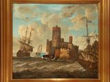 an oil painting of ships in a body of water with a castle in the background