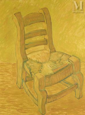 painting of a wooden chair with a cushion on it in a yellow room