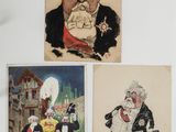 three old postcards of a man with a mustache and a woman with a cane