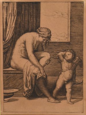 drawing of a woman and a child in a bathroom with a dog