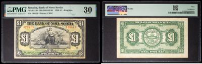 three different types of paper money are on display in a display case
