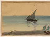 painting of two people on a beach with a boat in the background