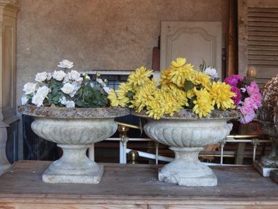 deux grands vases remplis de fleurs posés sur une table