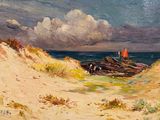 une peinture d'un bateau sur la plage au bord de l'eau