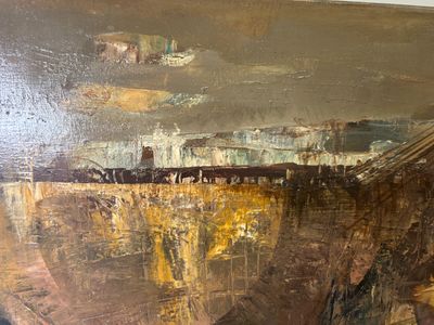 an oil painting of a bridge over a river with a sky background