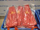 two red life jackets sitting on a blue crate
