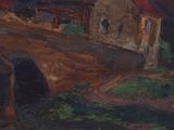 an image of a painting of a house by a river