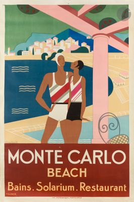 a poster advertising a beach resort in monte carlo, italy