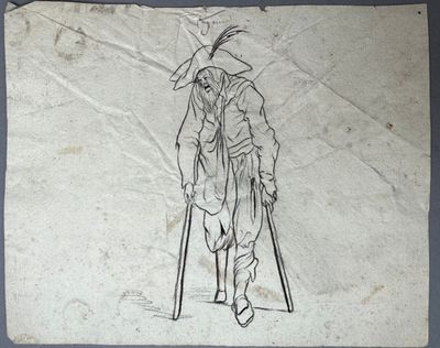 an old drawing of a man with crutches on a piece of paper