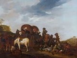 painting of a group of men and horses with a man on a horse drawn carriage