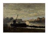 un tableau représentant un bateau sur l'eau, avec un pont en arrière-plan