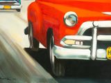 a painting of an old red car driving down the street