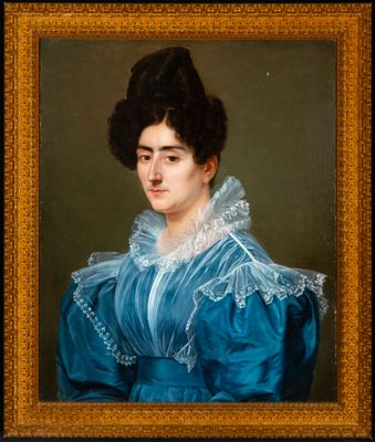 portrait of a woman in a blue dress by a gold frame