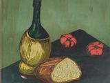 un tableau représentant du pain et une bouteille de vin posés sur une table