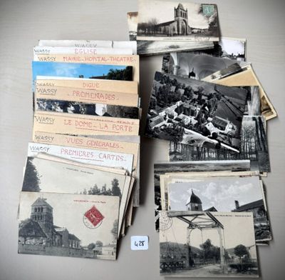 several old black and white photos of a church and other buildings