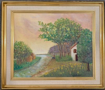 une image d'un tableau représentant une maison au bord d'une rivière