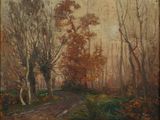 une peinture à l'huile représentant un chemin de terre dans une zone boisée